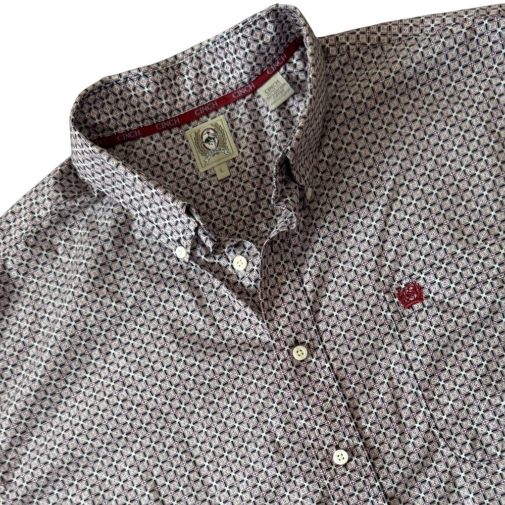 Cinch Mens Red White Blue Print Button Down Long Sleeve Western Shirt Large